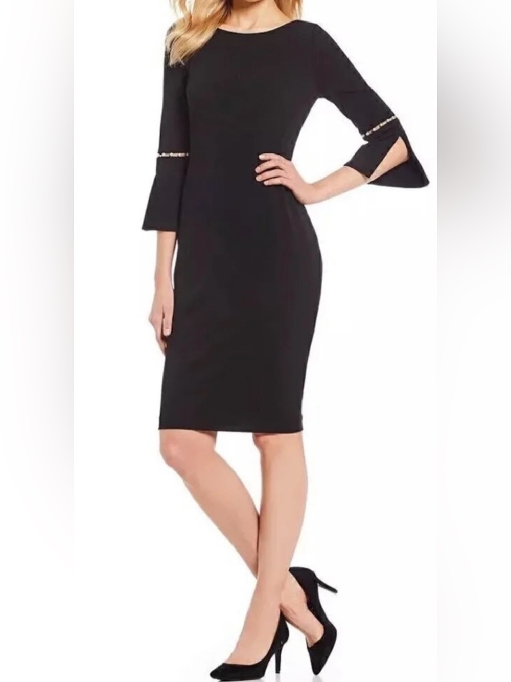 NWT Calvin Klein Black Midi Dress with Split Bell Sleeves & Faux Pearls Sz 10